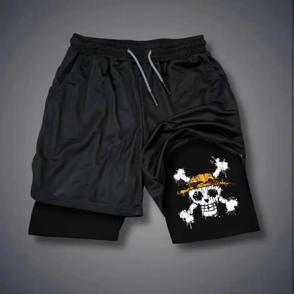 Anime Men's Gym Shorts One Piece Summer Sports Pants Streetwear Breathable Mesh Double-layer 2 in 1 Shorts Sportswear Y2k
