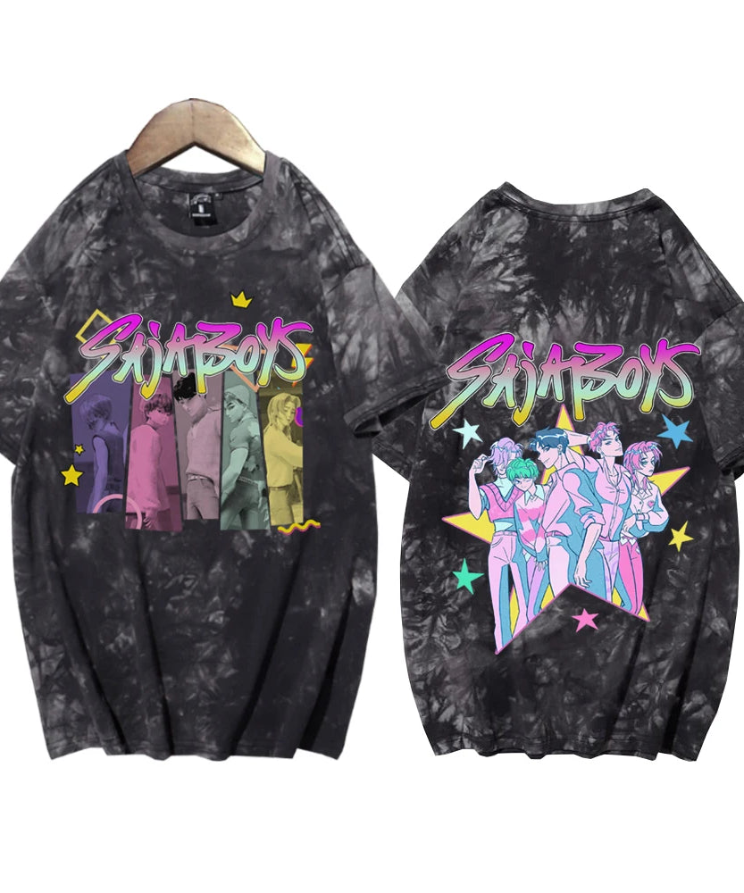 Anime KPop Demon Hunters Saja Boys Tie Dye Shirts Unisex Round Neck Short Sleeve Tee Fans Gift