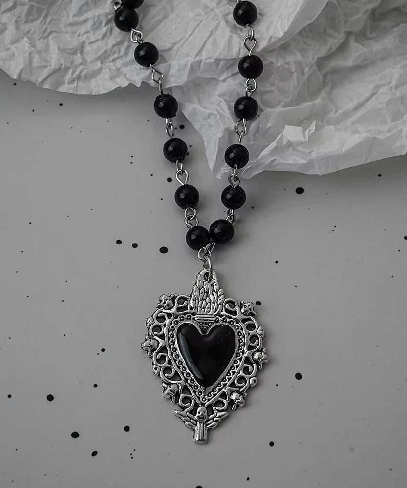 Gothic Bat Cross Dark Pendant Necklace Set Thorn Love Black Bead Stacked Necklace Halloween Gifts