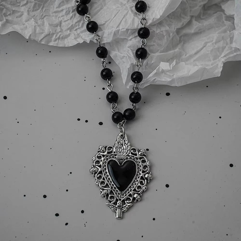 Gothic Bat Cross Dark Pendant Necklace Set Thorn Love Black Bead Stacked Necklace Halloween Gifts