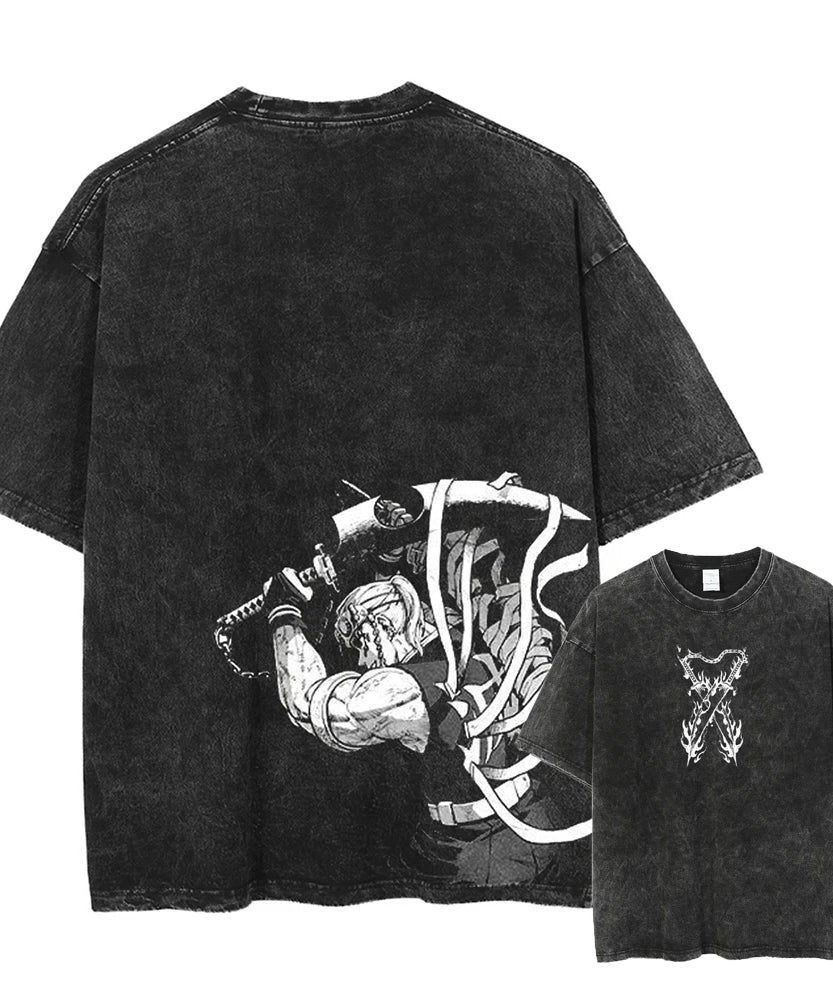 Printed Washed Tshirt Anime Demon Slayer Cotton Men Vintage Washed T-Shirt Graphic Tshirt Streetwear Tees Summer Casual Clothes