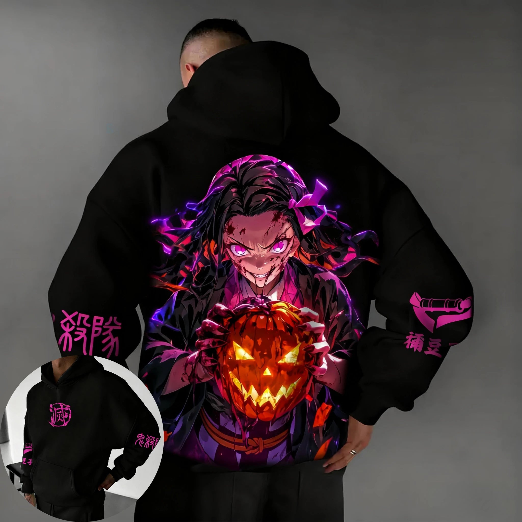 Demon Slayer Halloween Co Branded Hoodie Autumn/Winter Men's New Hashibira Inosuke Anime Printed Casual Loose Parent Child Top