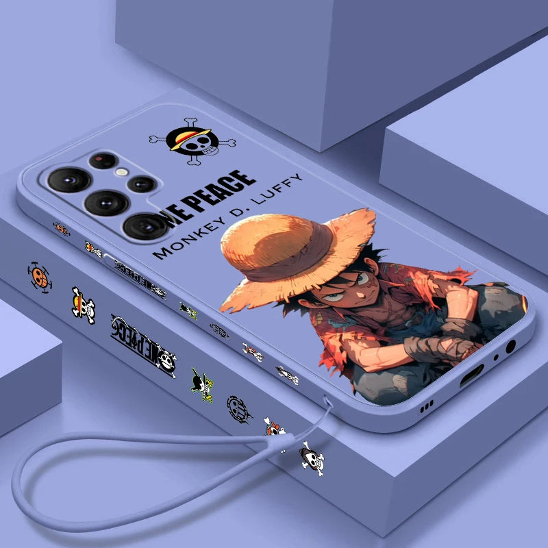 Comics One Piece Luffy For Samsung Galaxy S25 S24 S23 S22 S21 S20 Plus Ultra FE 5G Liquid Left Rope Cover Phone Case