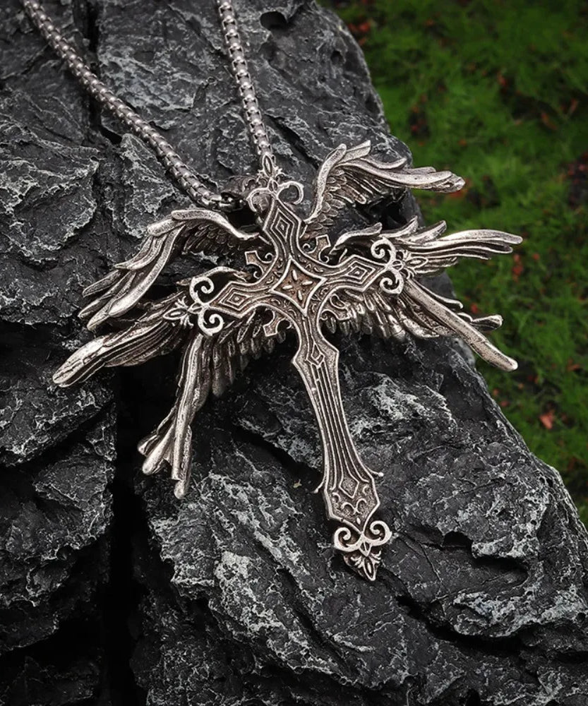 Retro Gothic Jesus Wings Cross Pendant Necklace Jewelry for Men Women Large Vintage Dark Punk Religious Amulet Necklaces Gifts