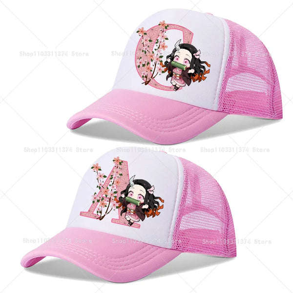 Demon Slayer Nezuko Kamado Initial Letter Pink Baseball Cap Kawaii Summer Trucker Hat