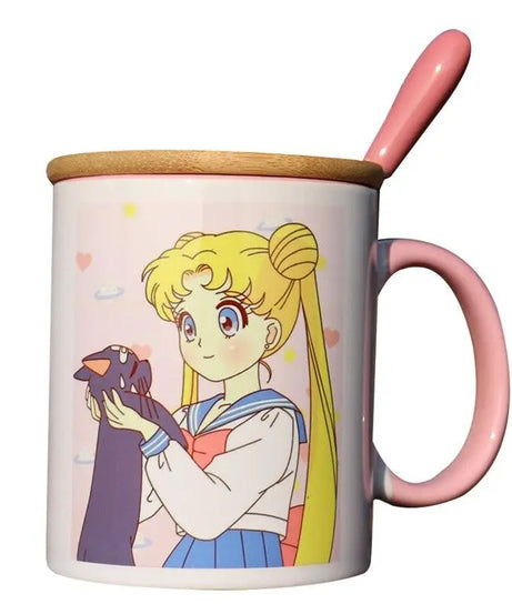Sailor Moon Usagi Ceramic Mug with Lid & Heart Spoon – Cute Anime Gift Cup