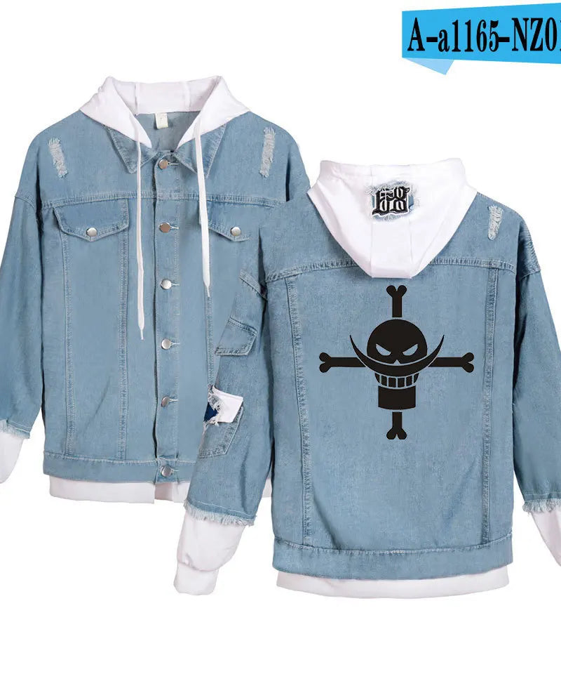 ONE PIECE Anime Chooper Denim Bomber Jacket Hooded Sweatshirt Unisex Ripped Hole Cosplay Hoodie Long-Sleeved Denim Jacket Gift