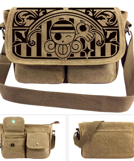 One Piece Canvas Shoulder Bag - Luffy & Law Logo Sling Bag, Unisex Student Backpack for Casual Daily Use & Anime Fans