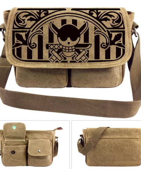 One Piece Canvas Shoulder Bag - Luffy & Law Logo Sling Bag, Unisex Student Backpack for Casual Daily Use & Anime Fans
