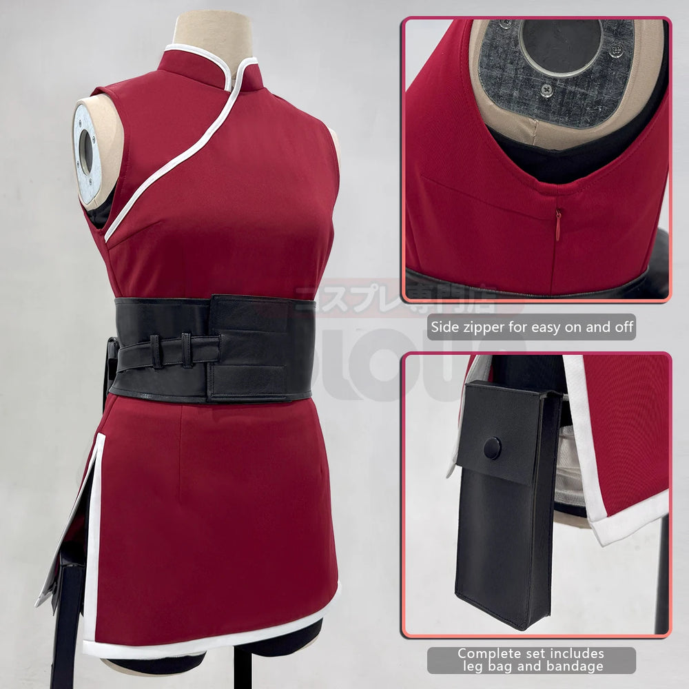 Anime Sakura Haruno Cosplay Costume – Red Top, Shorts & Pouch Set 2