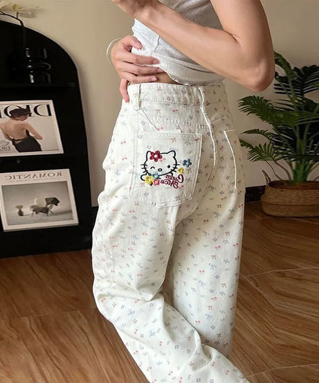 Simple Floral Sanrio Hello Kitty Embroidered Jeans Women's Summer 2025 New Large Size Loose High Waist Straight Trousers Gift
