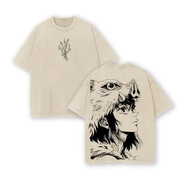 Vintage Demon Slayer Inosuke Wash T-shirt Man Women Short Sleeve Tee Summer Y2k Streetwear Oversized Anime Print Casual Top