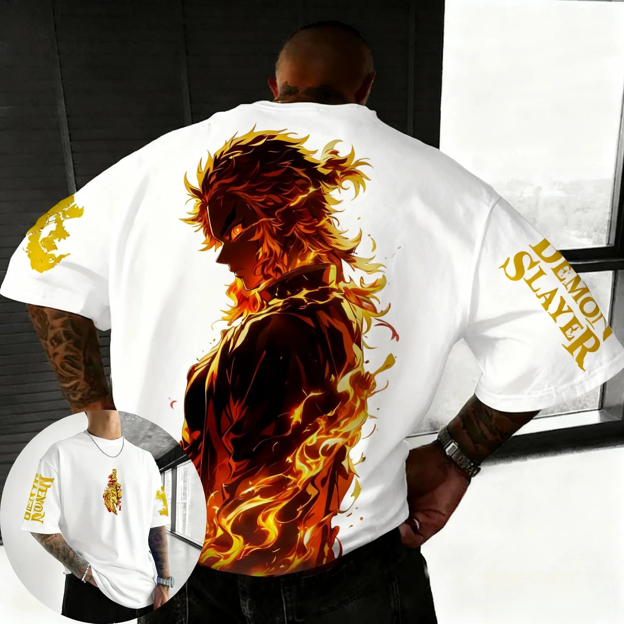 Demon Slayer Men's T-shirt Summer New Rengoku Kyoujurou Anime Print Harajuku Oversized Casual Short Sleeved Tee Top Y2k Clothes