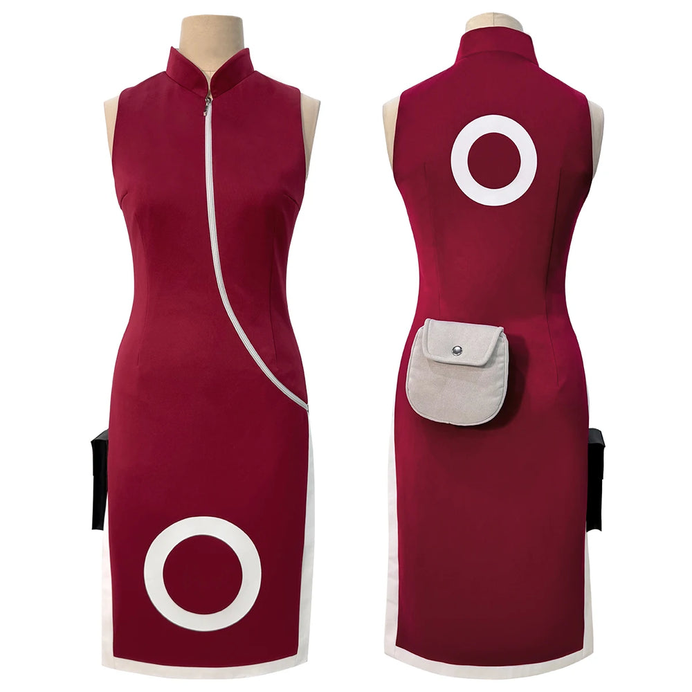 Anime Sakura Haruno Cosplay Costume – Sleeveless Cheongsam Top, Shorts & Waist Bag Set
