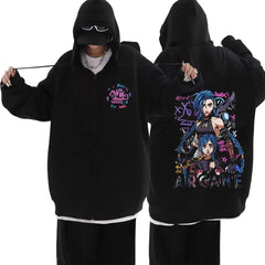 Arcane Jinx Zip-Up Hoodie — Graffiti Print Jacket