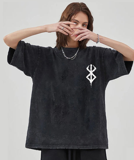 Anime Printed Washed Short-Sleeved Retro Fashion Men's and Women's Short Sleeved Casual Sports Short Sleeved