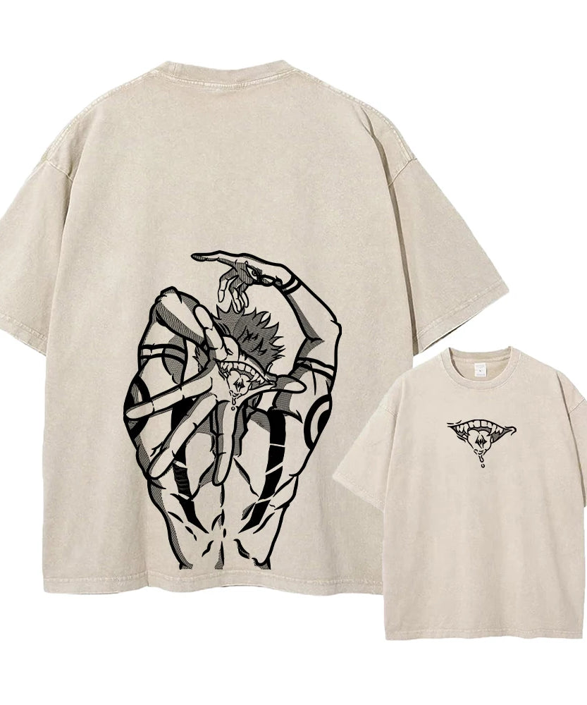 Summer Washed T Shirt Anime Graphic Print Streetwear Vintage Oversized T-Shirt Men Fashion Cotton Top Tee Black Tshirt