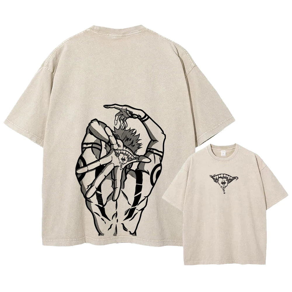 Summer Washed T Shirt Anime Graphic Print Streetwear Vintage Oversized T-Shirt Men Fashion Cotton Top Tee Black Tshirt