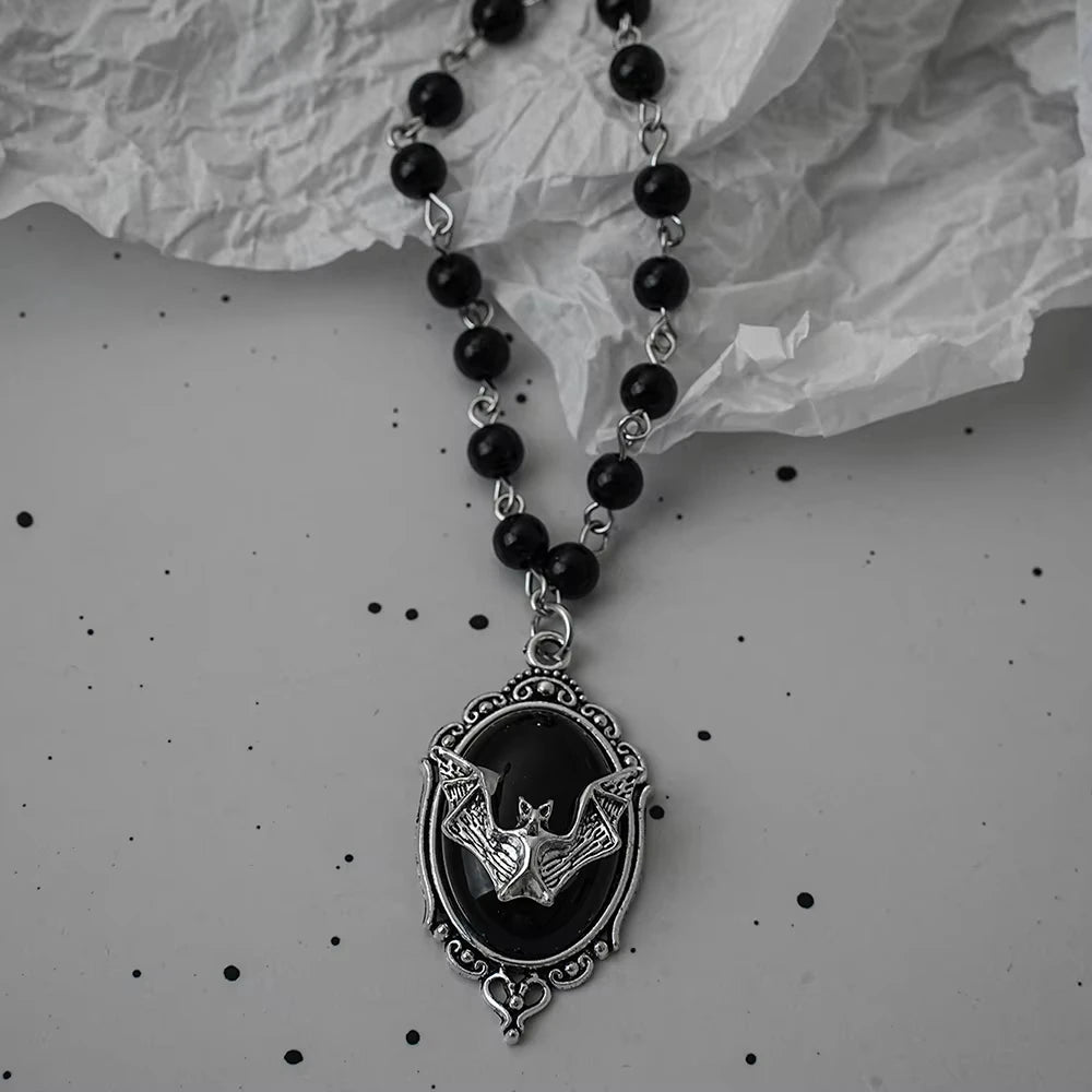 Gothic Bat Cross Dark Pendant Necklace Set Thorn Love Black Bead Stacked Necklace Halloween Gifts