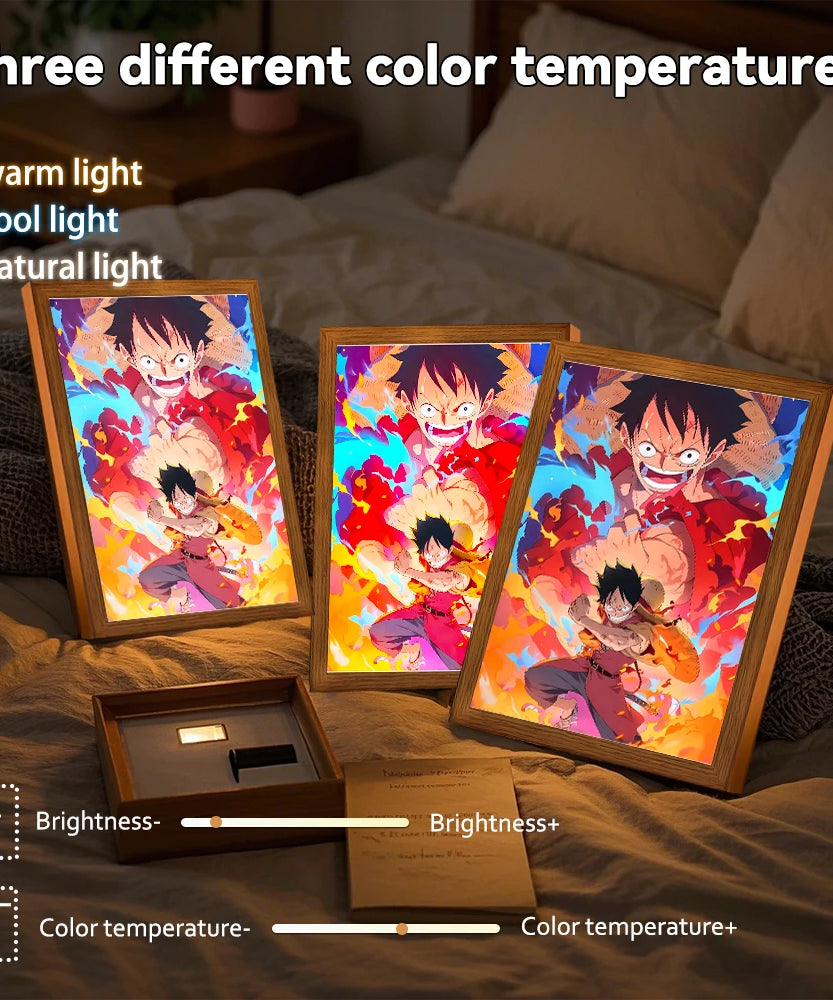 Anime Light Painting Photo Frame One Piece Luffy Zoro LED Night Light Birthday Gift Manga Bedroom Decor Original Art Moon Lamp