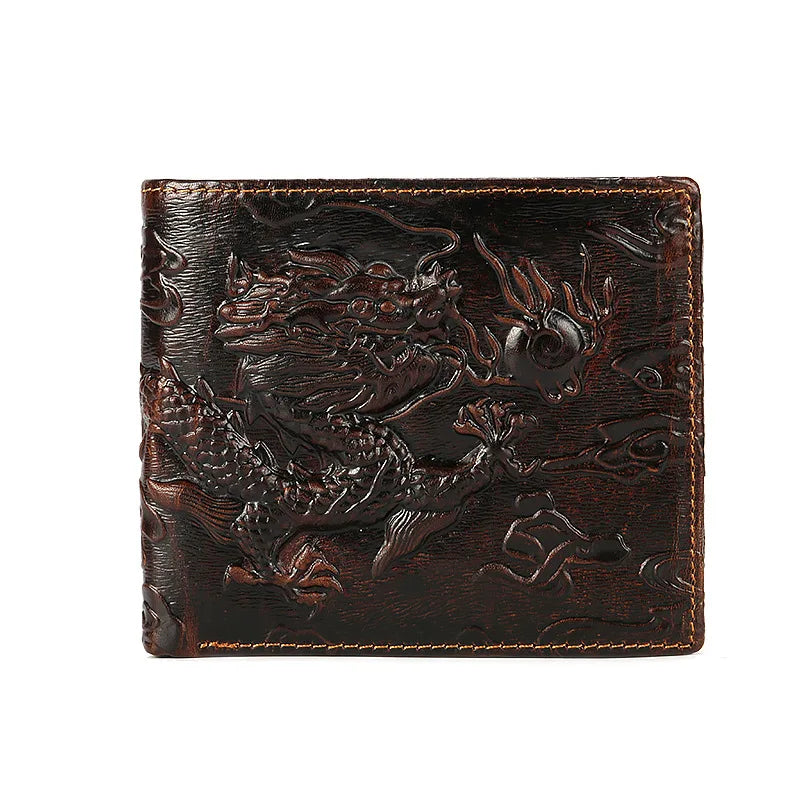 High Quality Genuine Leather Short Wallet 3D Dragon Style Card Wallet Vintage Bifold Small Purse for Man Male Gift Purses