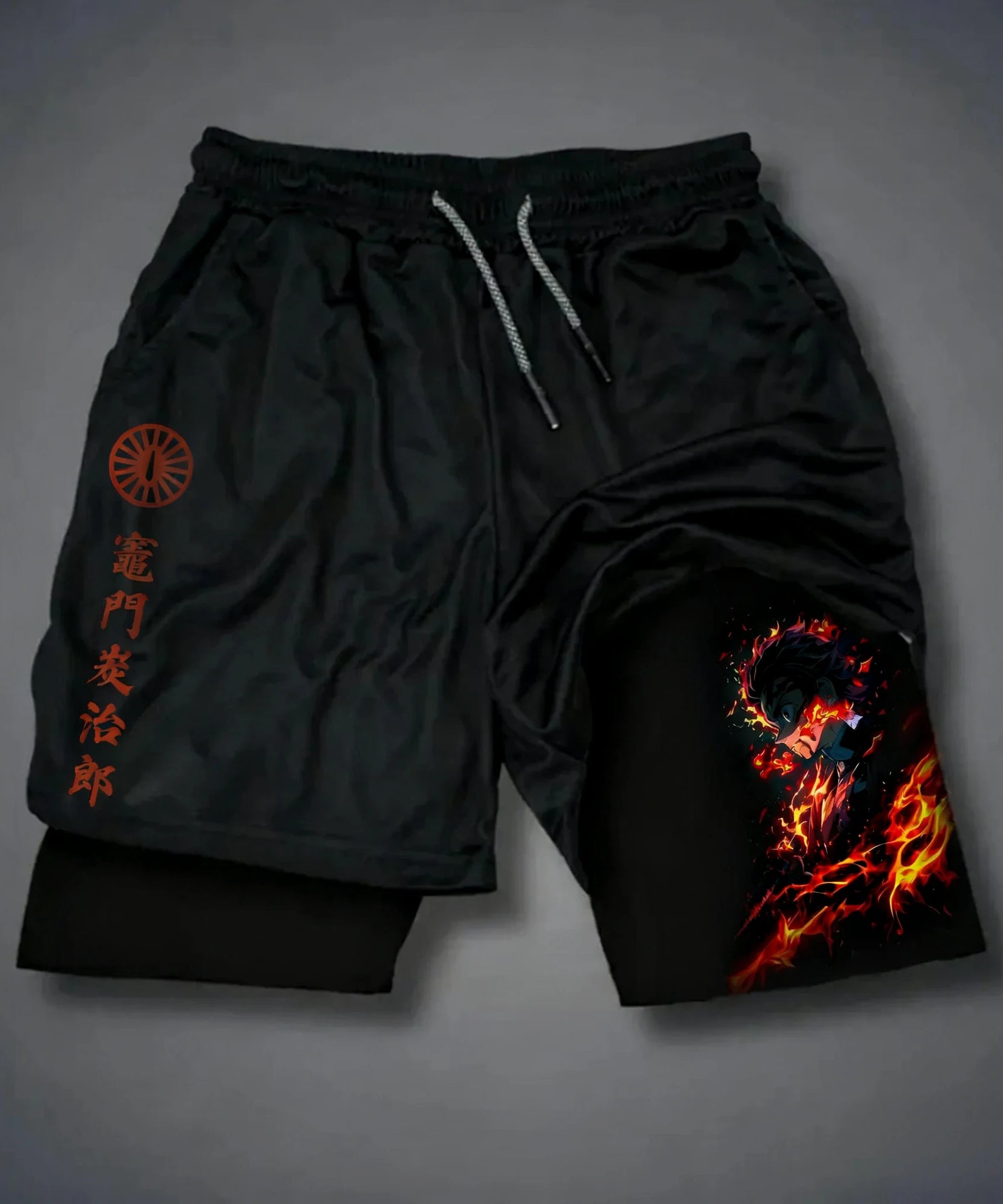 Anime Men's 2-in-1 Sports Shorts Summer New Edition Demon Slayer Corps Printed Fashion Fitness Swimming Double Layer Shorts