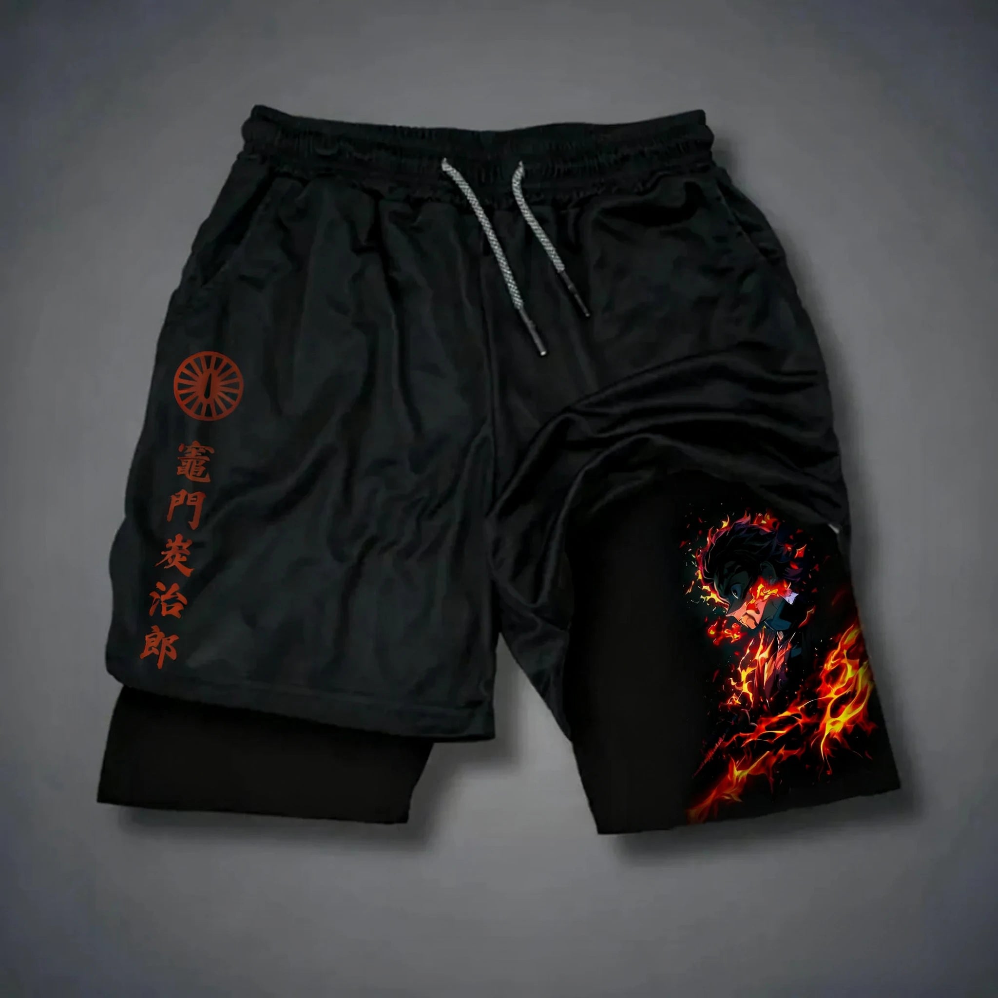 Anime Men's 2-in-1 Sports Shorts Summer New Edition Demon Slayer Corps Printed Fashion Fitness Swimming Double Layer Shorts