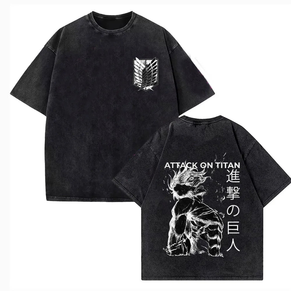 Attack on Titan Vintage Washed Print T-Shirt – Mikasa & Eren Wings of Freedom