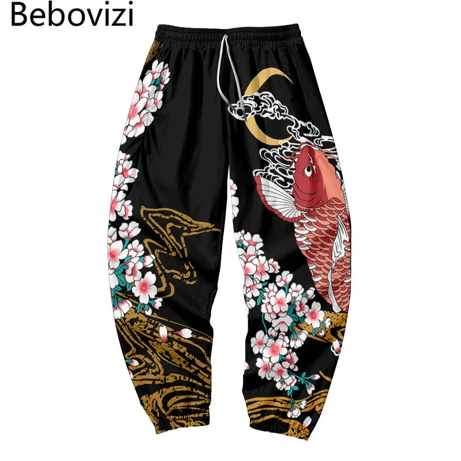 Style Fish Sakura Print Sweatpants Men Multi Pocket Long Cargo Pant Harajuku Jogger Trousers Streetwear Pants