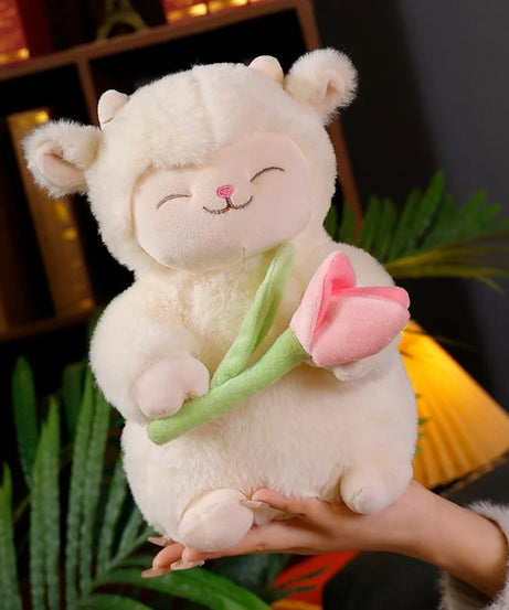 Kawaii Sweet White Sheep Lam Hold Tulip Flower Plush Doll Soft Stuffed Lamb With Tulip Plushie Toy Cute Gift For Kid Birthday