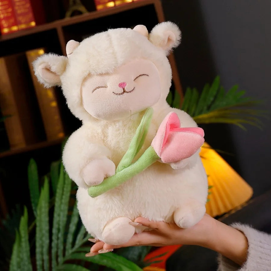 Kawaii Sweet White Sheep Lam Hold Tulip Flower Plush Doll Soft Stuffed Lamb With Tulip Plushie Toy Cute Gift For Kid Birthday