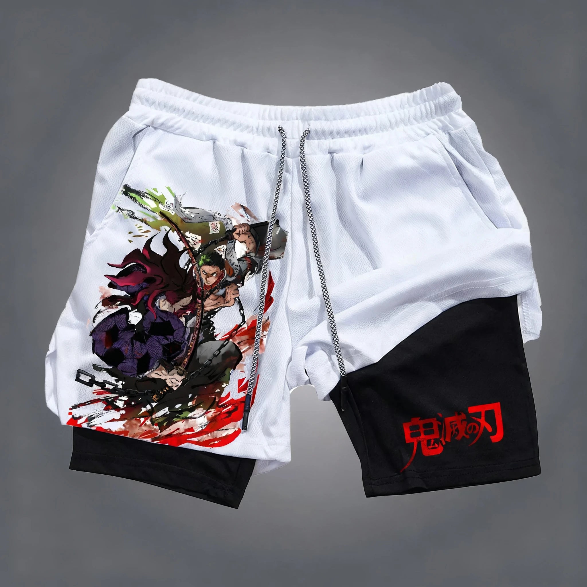 Anime Men's 2-in-1 Sports Shorts Summer New Edition Demon Slayer Corps Printed Fashion Fitness Swimming Double Layer Shorts