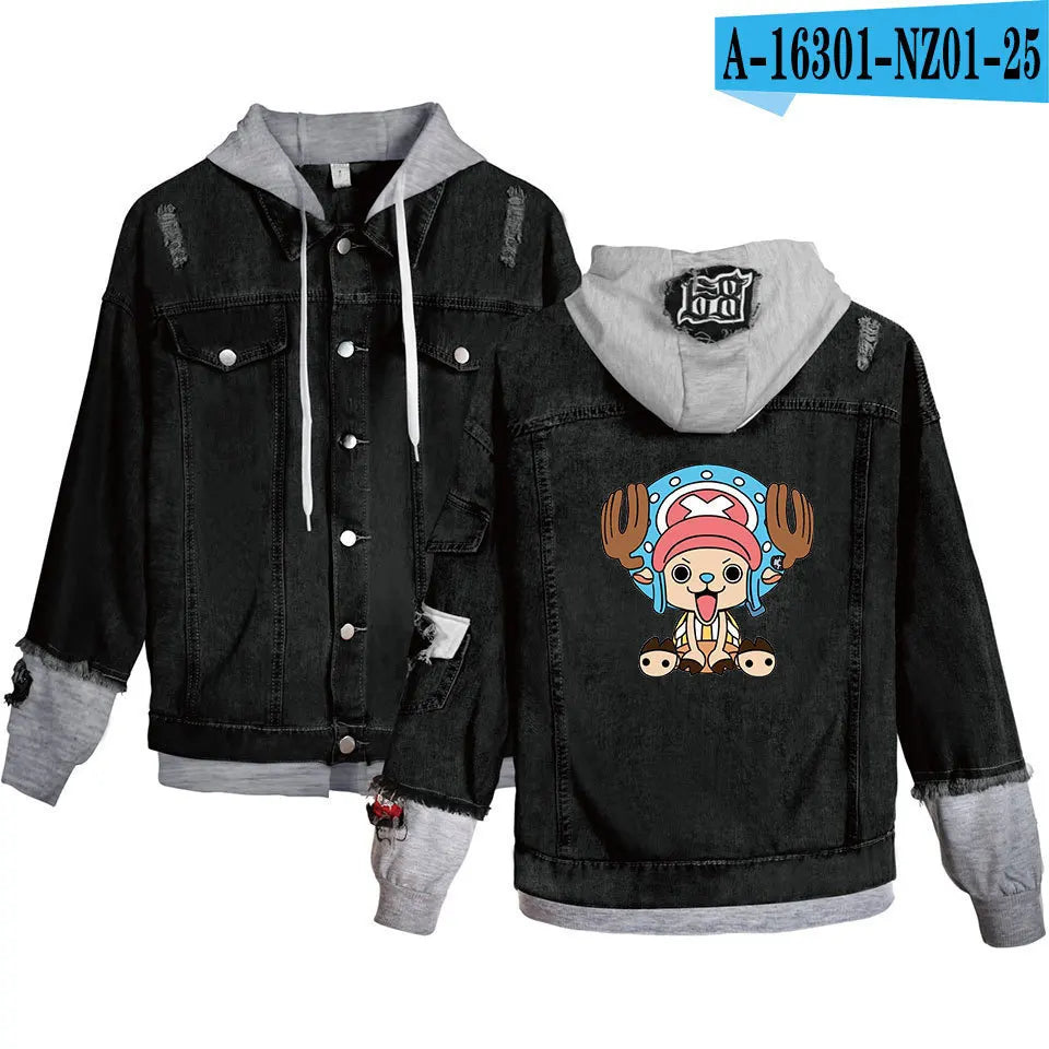 ONE PIECE Anime Chooper Denim Bomber Jacket Hooded Sweatshirt Unisex Ripped Hole Cosplay Hoodie Long-Sleeved Denim Jacket Gift