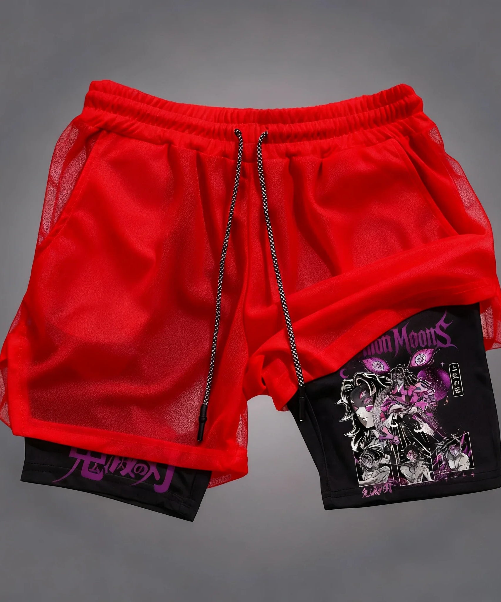Demon Slayer Kokushibo Anime Printed Double Layer Shorts Summer Men's Fitness Swimming Quick Drying Breathable 2-in-1 Shorts