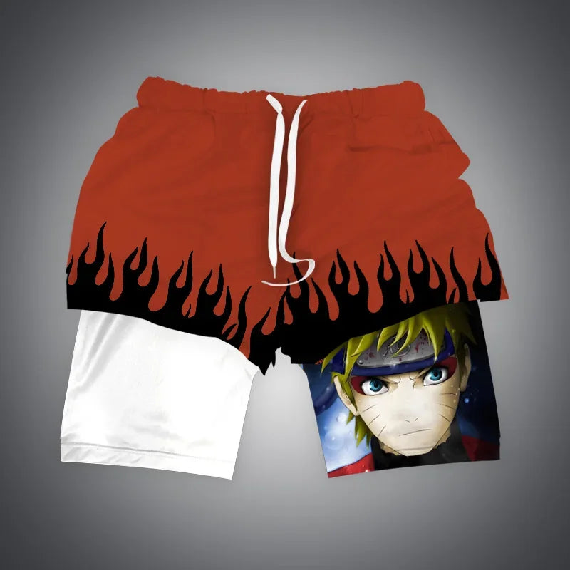 One Piece x Naruto x Dragon Ball 2-in-1 Men’s Gym Shorts – Quick-Dry & Breathable Sportswear
