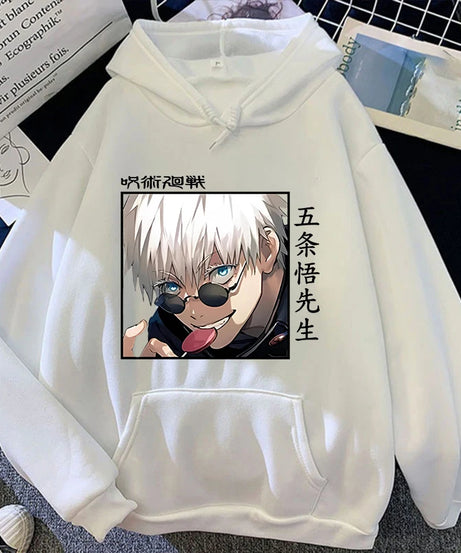 Autumn Winter Casual Anime Gojo Satoru Print Hoodies Solid Color Long Sleeve Hooded Pullovers Sweatshirts Plus Size