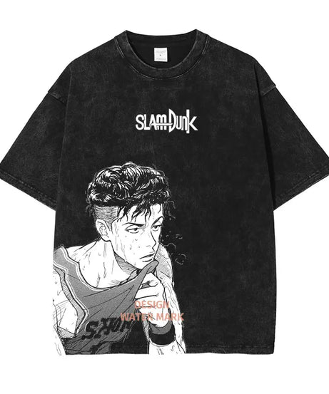 Hanamichi Rukawa Haruko T Shirt Slam Anime Dunk Sendou Vintage Washed Tops Tees Short Sleeve Manga Graphic T-shirt Man Cotton