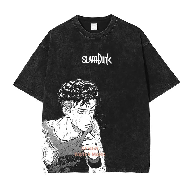 Hanamichi Rukawa Haruko T Shirt Slam Anime Dunk Sendou Vintage Washed Tops Tees Short Sleeve Manga Graphic T-shirt Man Cotton
