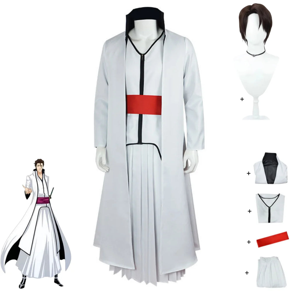 Bleach Aizen Sousuke Gotei 13 Captain Cosplay Costume – White Kendo Uniform & Wig Set