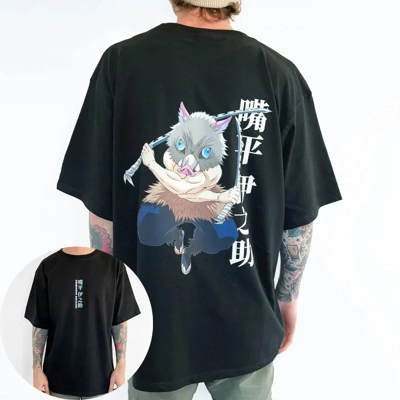 Demon Slayer Anime Hashibira Inosuke Printed T-Shirt Summer New Men's Japanese Harajuku Loose Casual Kids Parent-Child Top