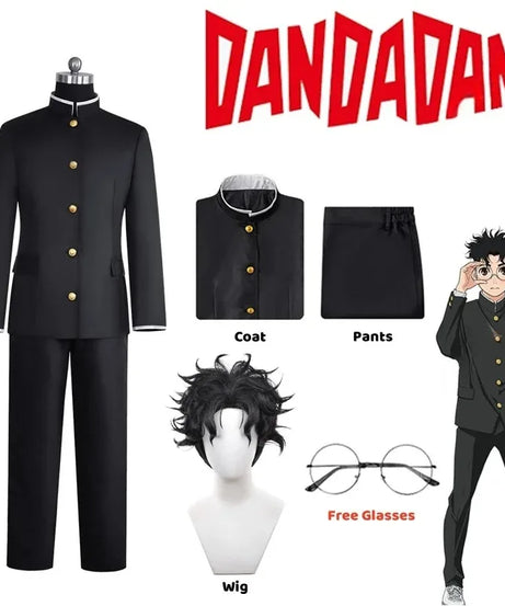 Ken Takakura Cosplay Costume Wig Anime Dandadan Okarun School Uniform Black Jacket Pants Gakuran Glasses Halloween Party Men