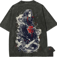 Anime Naruto Itachi Uchiha Great Wave T-Shirt – Vintage Acid Wash Streetwear Graphic Tee