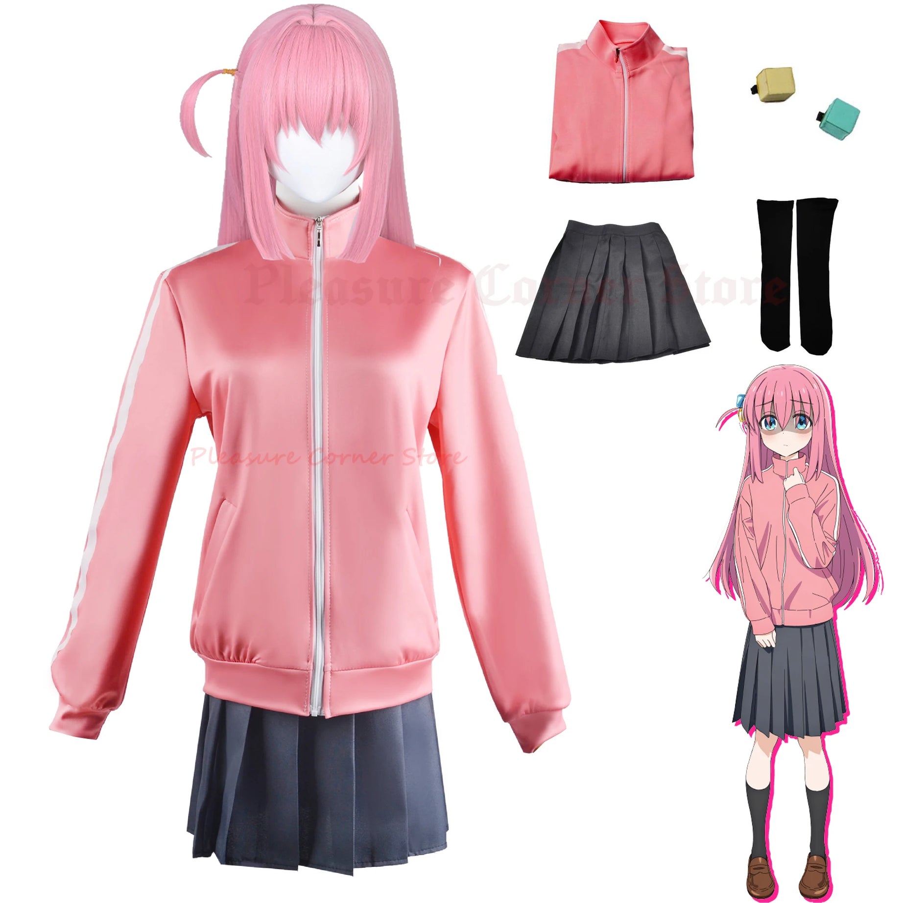 Anime Bocchi the Rock Gotou Hitori Cosplay Costume - JK Uniform, Wig & Hair Clip Set