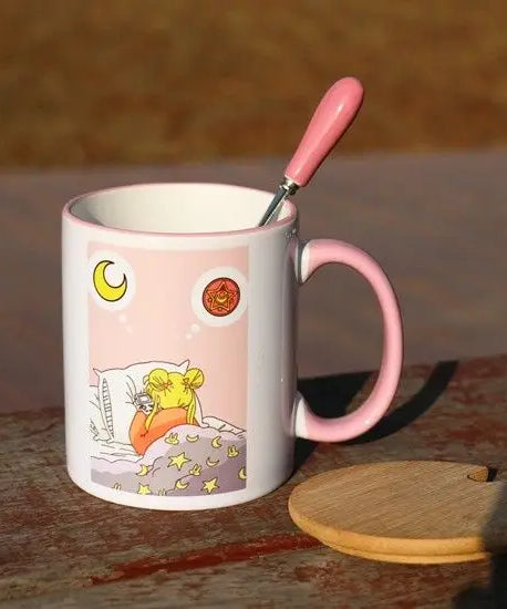 Sailor Moon Usagi Ceramic Mug with Lid & Heart Spoon – Cute Anime Gift Cup