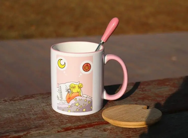 Sailor Moon Usagi Ceramic Mug with Lid & Heart Spoon – Cute Anime Gift Cup