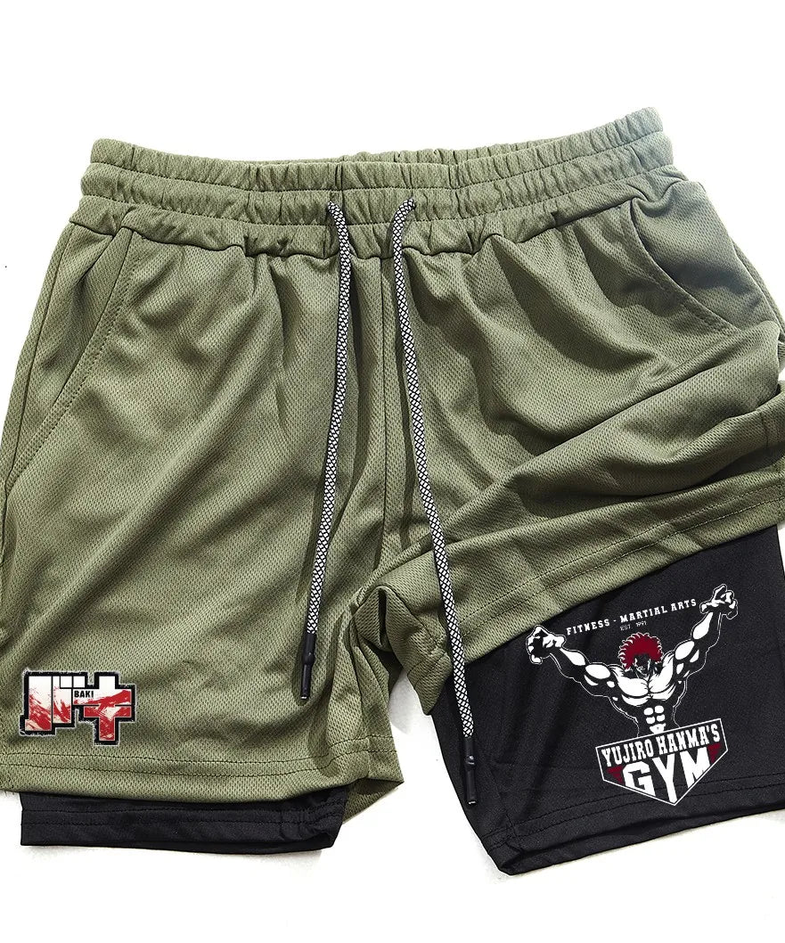 Men's and women's gym shorts, quick drying mesh shorts, animated printed Baki Hanma, sleeves, 2-in-1