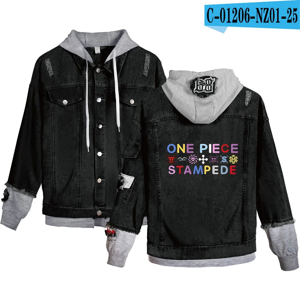 ONE PIECE Anime Chooper Denim Bomber Jacket Hooded Sweatshirt Unisex Ripped Hole Cosplay Hoodie Long-Sleeved Denim Jacket Gift