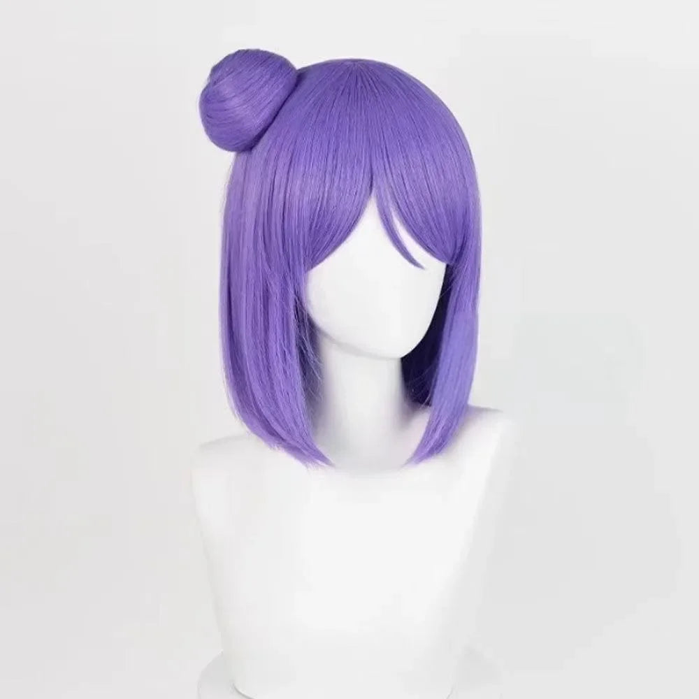 Anime Naruto Konan Cosplay Wig – Short Purple Bob with Side Bun & Flower Hairpiece 3