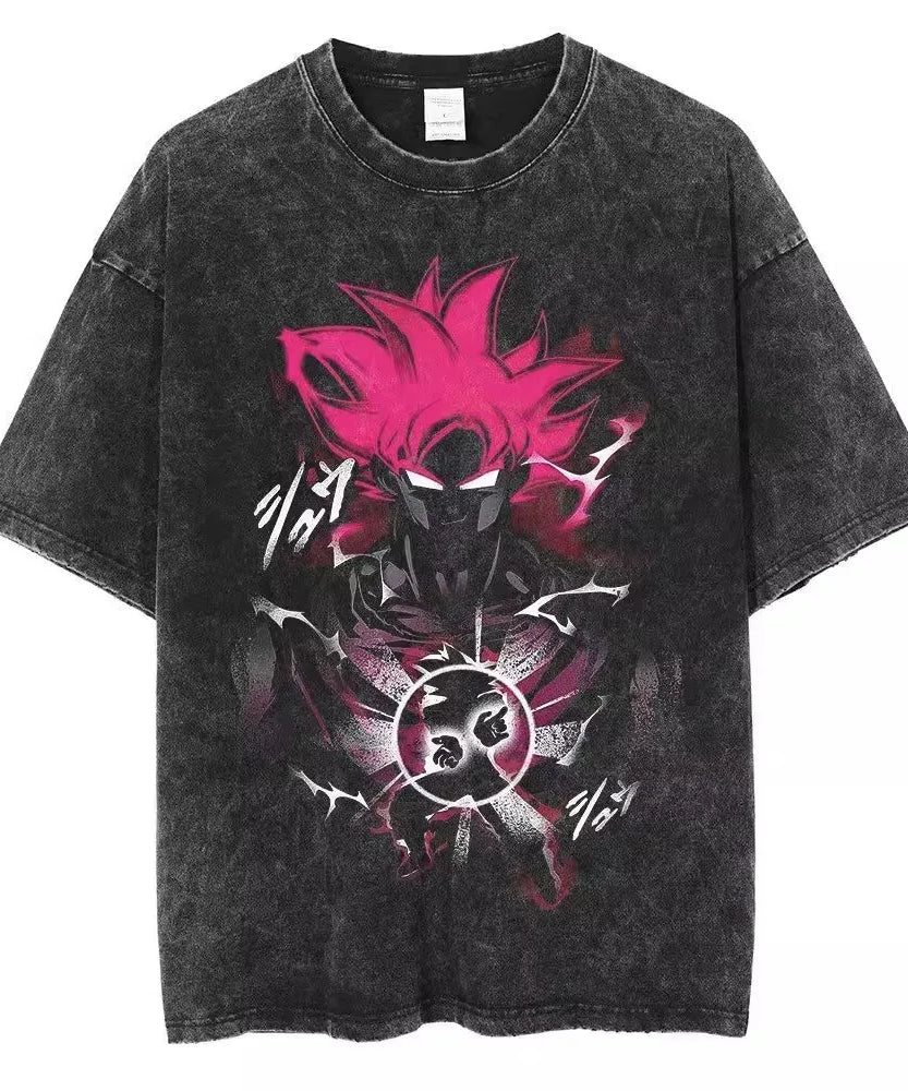 New Hip Hop Streetwear Anime Dragon Ball Printed Growzed T-Shirt Mens Washed Vintage Black Summer Casual Cotton T Shirt Fan Gift