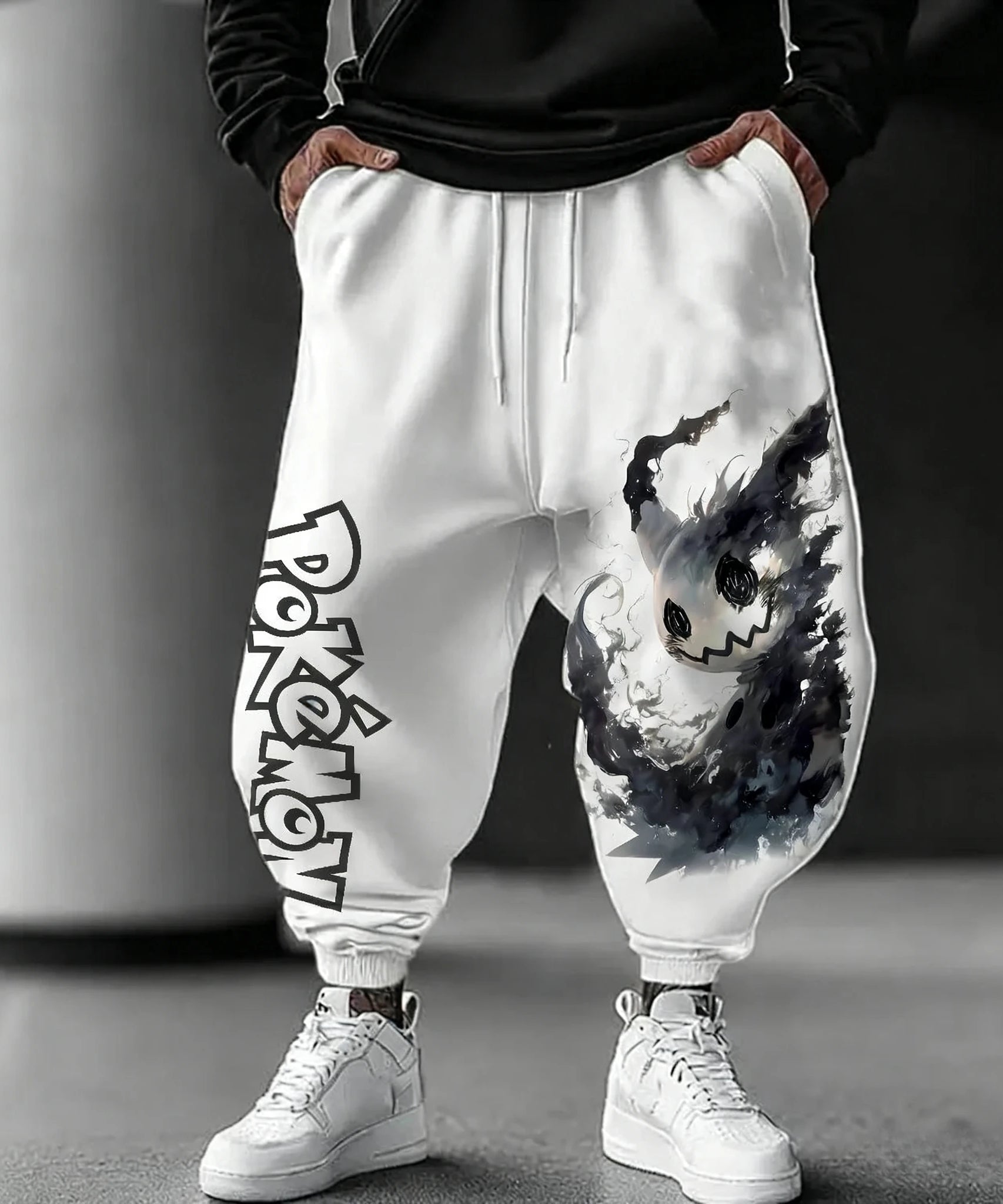 Pokémon Anime Mimikyu Printed White Sweatpants Autumn/Winter Men's New Japanese Harajuku Loose Casual Cotton Tapped Pants